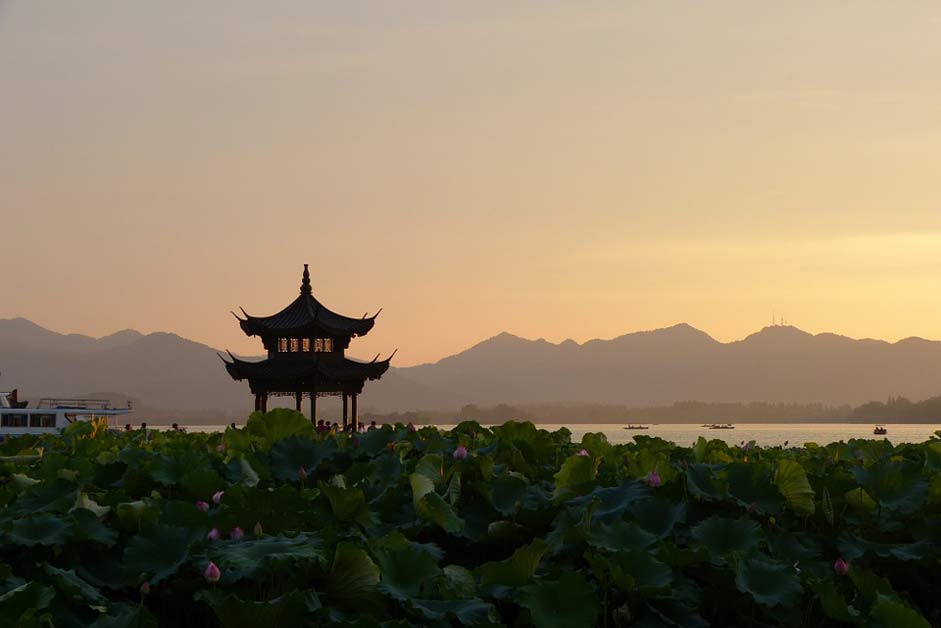 Lotus-Flowers Pagoda China Sunset