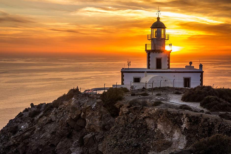 Sunset Light Ocean Santorini-Akrotiri-Lighthouse