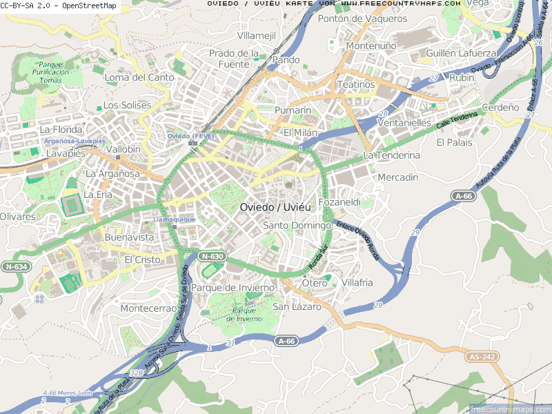 Karte Von Oviedo / Uviéu Spanien