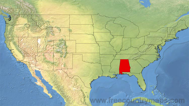 Map showing the location of Alabama in the US.