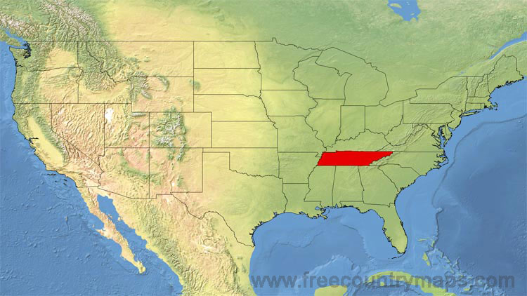 Map showing the location of Tennessee in the US.