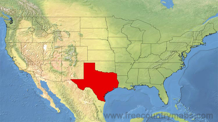 Map showing the location of Texas in the US.