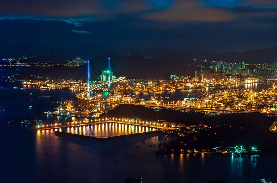 Lights Night Harbor Hong-Kong