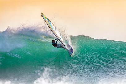 Windsurfing Backlight At-Dusk Big-Waves Picture