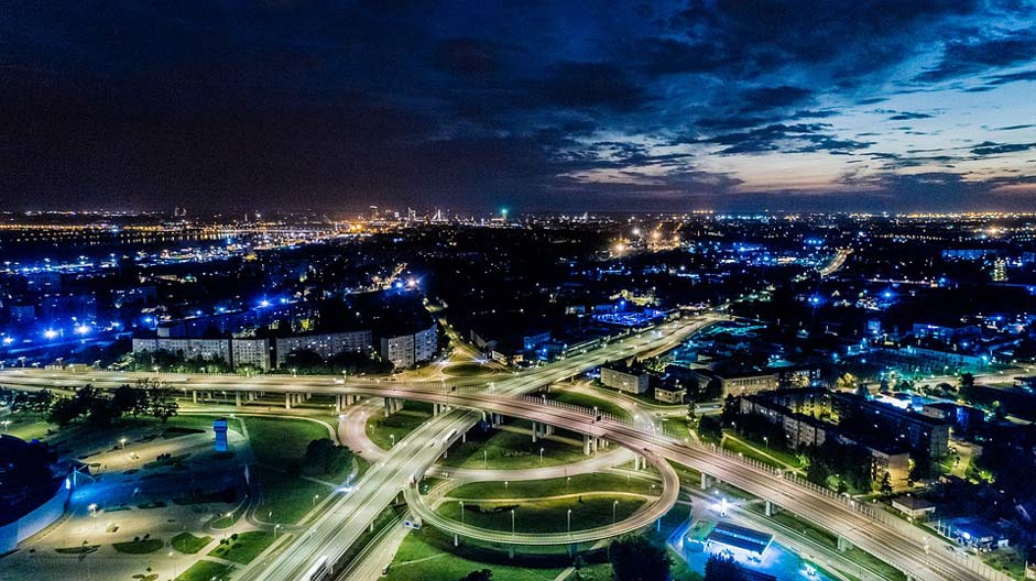 Traffic Night Aerial-View Riga