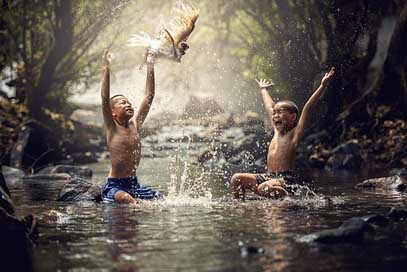Children Splash Birds River Picture
