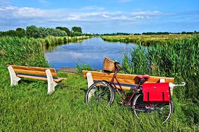 Bicycle Field Waterway Bench Picture